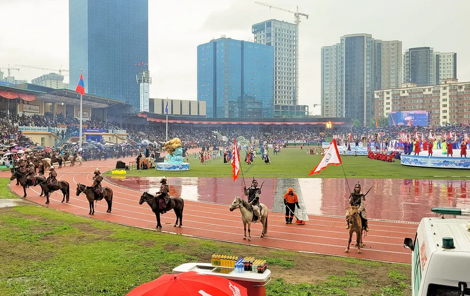 Mounted honour guards in warrior armour at the Naadam opening ceremony, National Sports Stadium